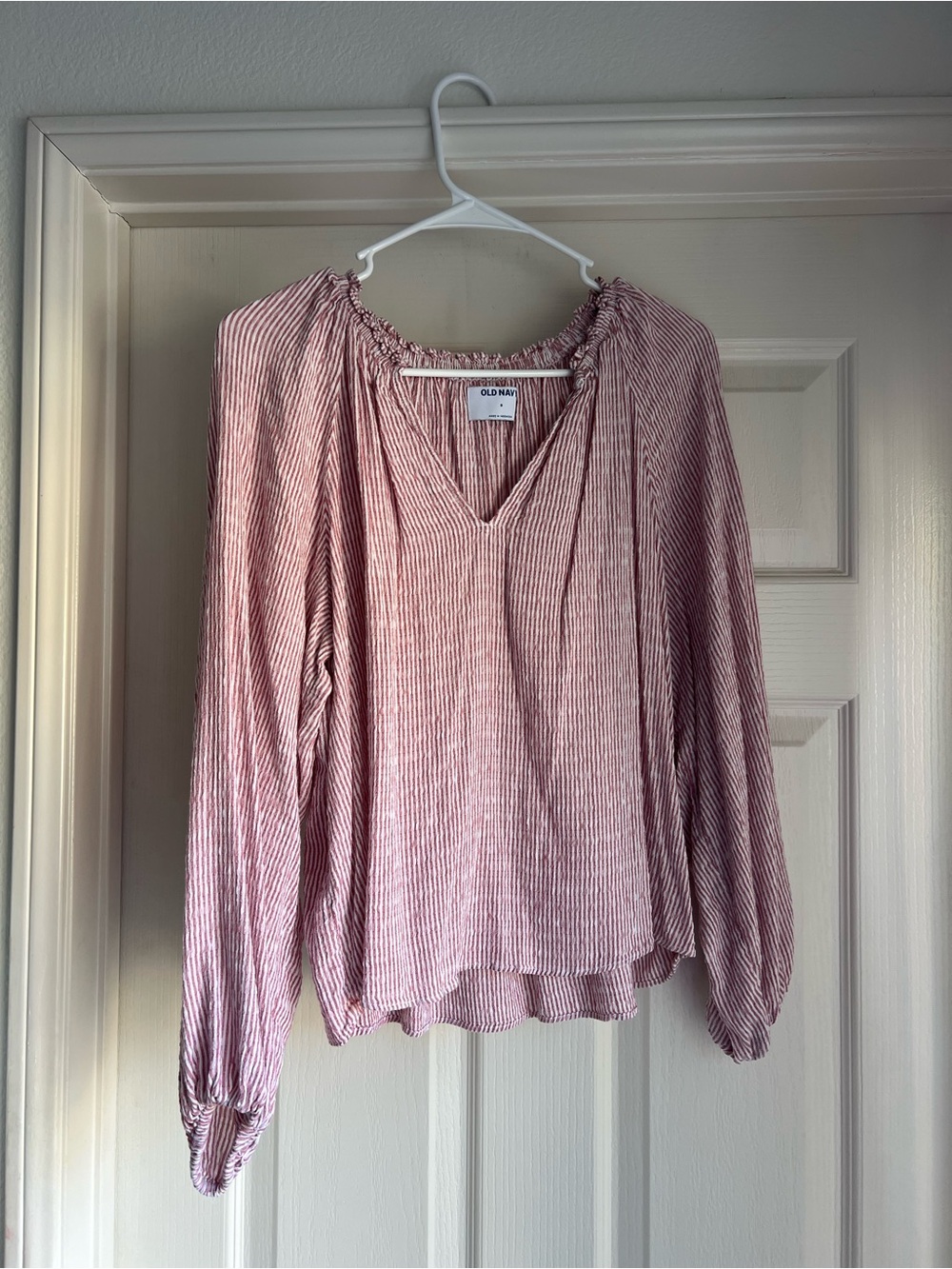 Old Navy Pink Striped V-Neck Peasant Blouse